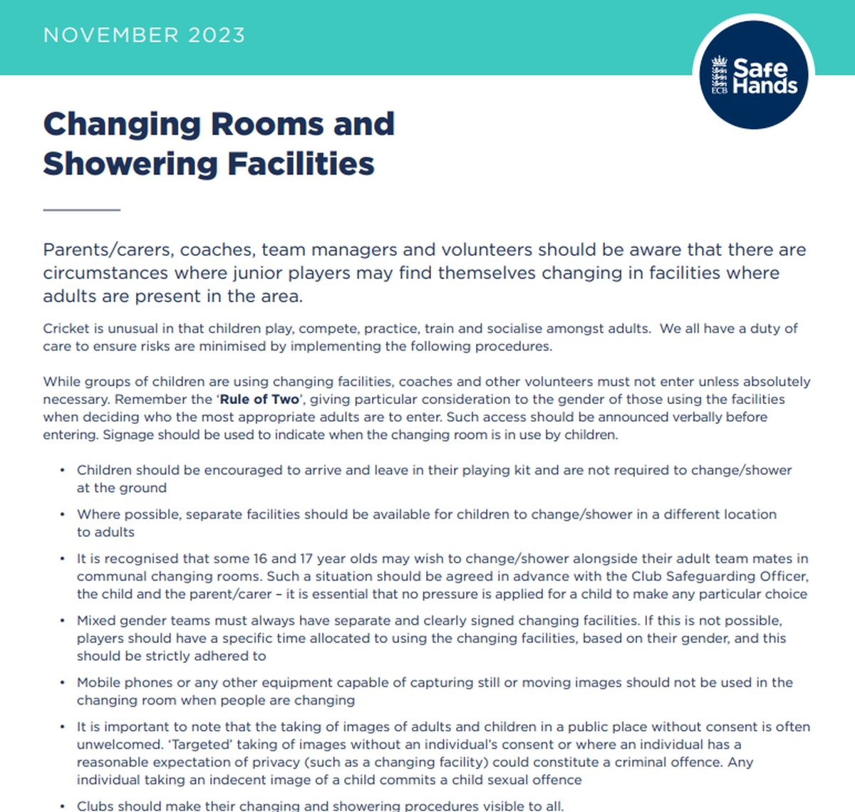 ECB Changing Rooms and Showering facilities rules